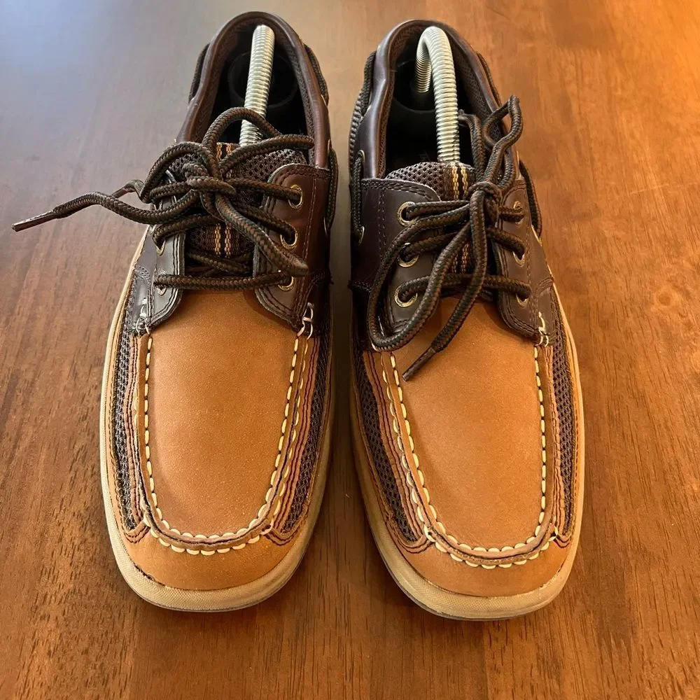 Thom McAn Men's Kiel Brown/Tan Casual Lace-Up Comfy Leather Mesh Boat Shoes 7M